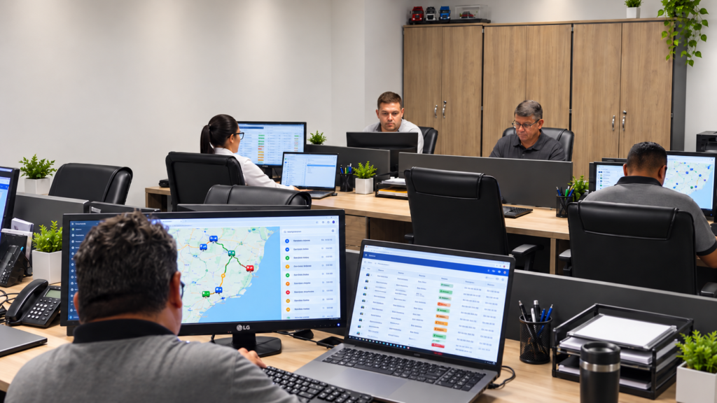 Central de rastreamento da Atual Transportes, com telas de monitoramento da frota